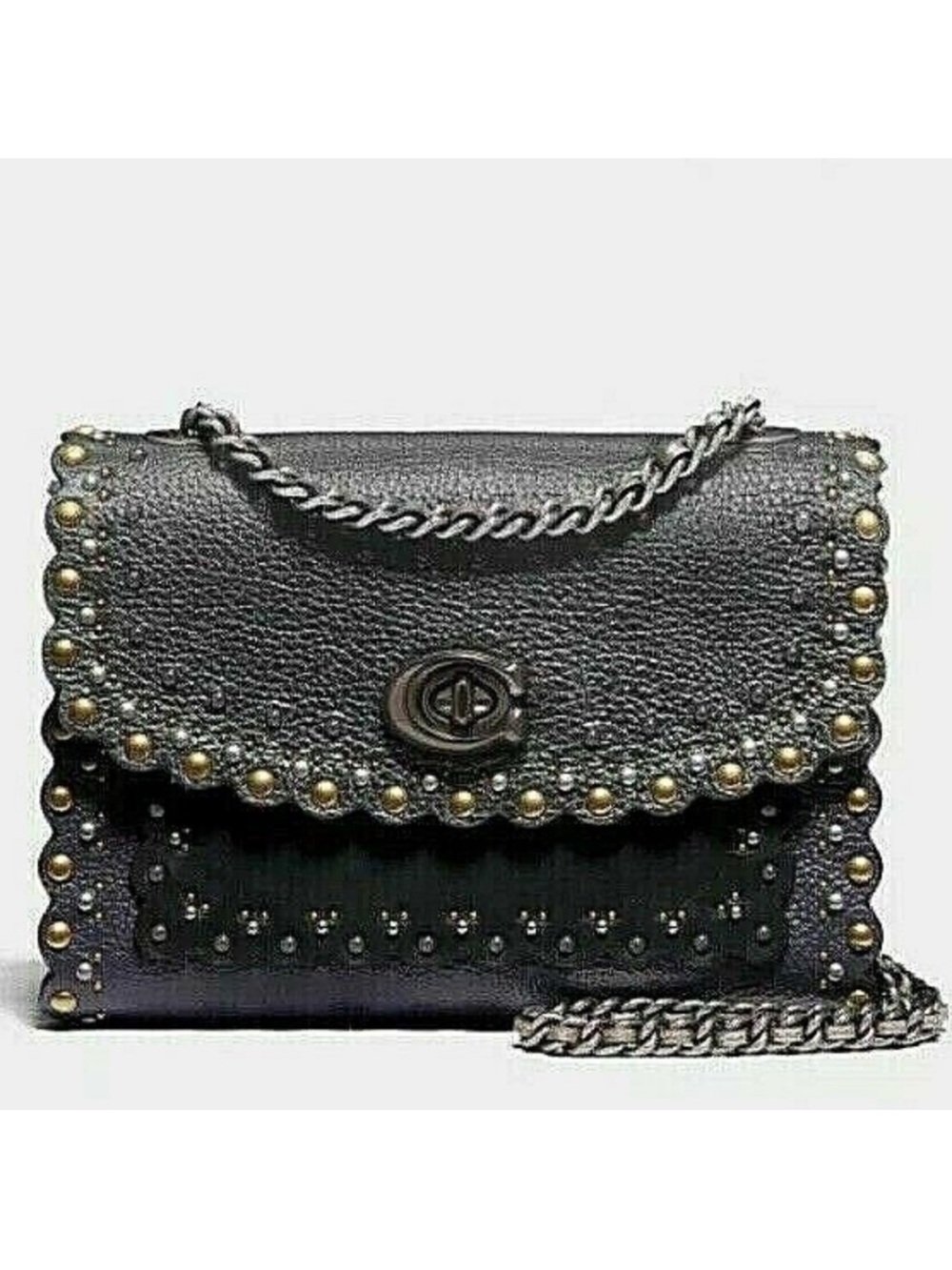 Coach Parker 18 Scallop Rivets Metallic Leather Eggplant Black Silver 76110